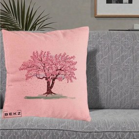 Perna Decorativa Cires Inflorit Acuarela, 40x40 cm, Roz, Husa Detasabila, Perna Inclusa, BEKZ®