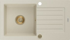 Mexen Pablo chiuvetă de bucătărie din granit cu 1 compartiment cu picurător 752 x 436 mm, bej, sifon auriu - 6510751010-69-G