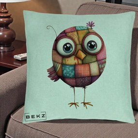 Perna Decorativa Pasare Patchwork Roz cu Floare, 40x40 cm, Verde Menta, Husa Detasabila, Perna Inclusa, BEKZ®
