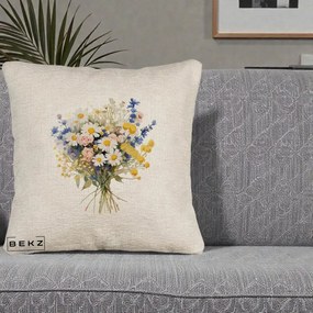 Perna Decorativa Buchet Camp Acuarela Margarete-Lavanda, 40x40 cm, Bej Canapea, Husa Detasabila, Perna Inclusa, BEKZ®