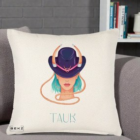 Perna Personalizata Zodie Taur, 40x40 cm, Crem Reliefat, Husa Detasabila, Perna Inclusa, BEKZ®