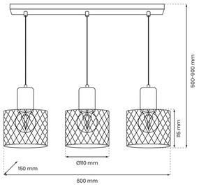 Lustră pe cablu SOBRESA 3xE27/60W/230V neagră/lemn