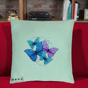 Perna Decorativa Patru Fluturi Turcoaz-Violet, 40x40 cm, Verde Menta, Husa Detasabila, Perna Inclusa, BEKZ®