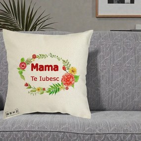 Cadou pentru Mama - Perna Personalizata Mama Te Iubesc Flori Rosii, 40x40 cm, Ecru, Husa Detasabila, Perna Inclusa, BEKZ®