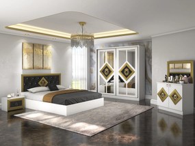 Dormitor Deluxe, culoare alb / negru, cu pat tapitat 160 x 200, dulap 200 cm, comoda si 2 noptiere