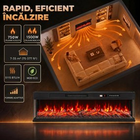 HOMCOM Șemineu electric de podea/încorporabil, pe 3 laturi, cu telecomandă, 750/1500 W, efect flacără 3D, 12 culori, 5 niveluri de luminozitate | Aosom Romania
