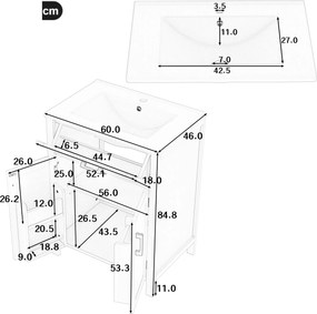 Dulap de baie independent cu chiuvetă, rafturi cu uși duble, sertare practice, rafturi ajustabile, 60x46x84,8 cm, Gri