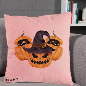 Perna Decorativa Trio Dovleci Jack-o-Lantern cu Palarie Vrajitoare, 40x40 cm, Roz, Husa Detasabila, Perna Inclusa, BEKZ®