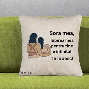 Cadou pentru Sora - Perna Personalizata Sora Mea Te Iubesc Doua Fete Fashioniste Line Art, 40x40 cm, Bej Canapea, Husa Detasabila, Perna Inclusa, BEKZ®