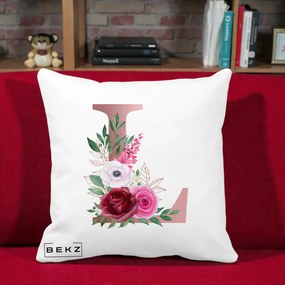 Cadou Personalizat - Perna Personalizata Monograma Rose Gold Litera L, 40x40 cm, Alba Mata, Husa Detasabila, Perna Inclusa, BEKZ®