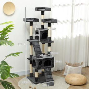 PawHut Albero Tiragraffi per Gatti con Due Cucce in Peluche e Sisal, Grigio, 50x50x170cm