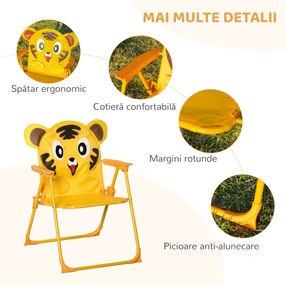 Outsunny Set de Grădină 4 Piese pentru Copii cu Model Tigru și Măsuță Rotundă, 2 Scaune Pliabile și o Umbrelă Reglabilă, Măsuță cu Scaune pentru Copii 3-6 Ani de Exterior, Galben | Aosom Romania