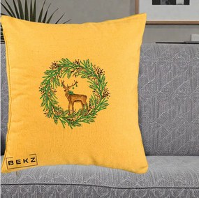 Perna Decorativa Coroana Turcoaz cu Ren, 40x40 cm, Galben, Husa Detasabila, Perna Inclusa, BEKZ®