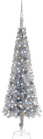Brad de Craciun subtire cu LED-uri si globuri, argintiu, 240 cm 1, silver and rose, 240 cm