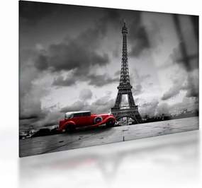 Tablou pe sticlă - Turnul Eiffel și mașina roșie (70x50 cm)