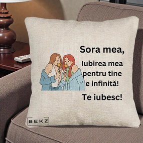 Cadou pentru Sora - Perna Personalizata Sora Mea Te Iubesc Doua Fete cu Acadele, 40x40 cm, Bej Canapea, Husa Detasabila, Perna Inclusa, BEKZ®