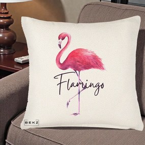 Perna Decorativa Flamingo Acuarela, 40x40 cm, Crem Reliefat, Husa Detasabila, Perna Inclusa, BEKZ®