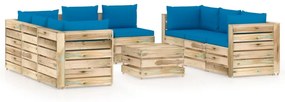 Set mobilier de gradina cu perne, 9 piese, lemn verde tratat light blue and brown, 9
