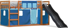 vidaXL Pat supraetajat cu tobogan și perdele, albastru, 90x200 cm