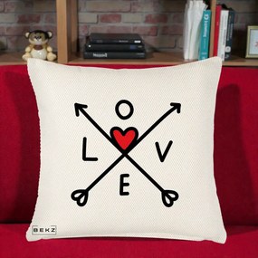 Perna Decorativa Love cu Sageti Incrucisate si Inima Rosie, 40x40 cm, Crem Reliefat, Husa Detasabila, Perna Inclusa, BEKZ®
