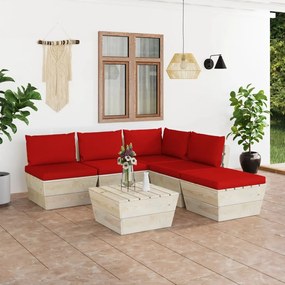 Set mobilier gradina din paleti, 6 piese, cu perne, lemn molid Rosu, colt + 3x mijloc + masa + suport pentru picioare, 1