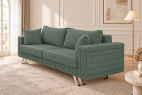 Canapea extensibilă Rosalia din stofă, verde ou de rață, picioare argintii, cu ladă de depozitare
