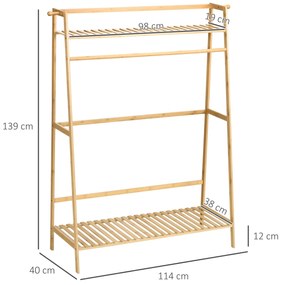 HOMCOM Cuier din Bambus pe 2 Nivele cu Bară și 2 Cârlige, Design Modern, pentru Hol, 114x40x139 cm, Lemn Natur | Aosom Romania