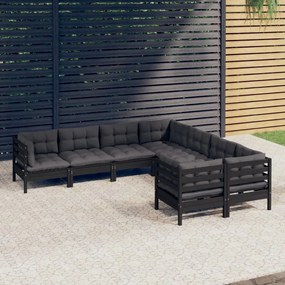 Set mobilier gradina cu perne, 8 piese, negru, lemn masiv pin Negru, 1