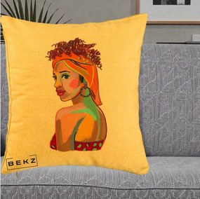 Perna Decorativa Portret Femeie Colorat Pop Art, 40x40 cm, Galben, Husa Detasabila, Perna Inclusa, BEKZ®