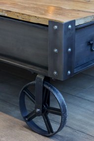 Măsuță de cafea pe roti din metal negru antichizat si blat din lemn masiv natur 122x81x22 cm, stil industrial, „Roulette"