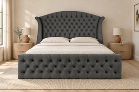 Pat tapițat Chesterfield din catifea Sorella Simple 160×200 cm, gri închis, cu ladă de depozitare