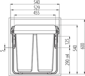 Cos gunoi incorporabil GTV Practi Eco, cu extragere automata, colectare selectiva, pentru corp de 600 mm, gri antracit, 2 x 17 l + 1 x 34 l Gri