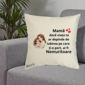 Cadou pentru Mama - Perna Personalizata Mama Nemuritoare cu Balon Inima, 40x40 cm, Ecru, Husa Detasabila, Perna Inclusa, BEKZ®