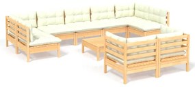 Set mobilier gradina cu perne crem, 10 piese, lemn masiv de pin maro si crem, 1