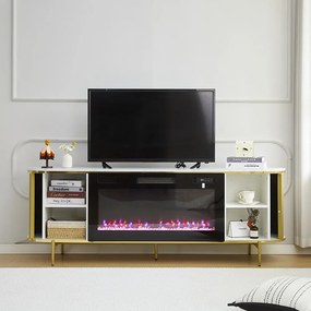 Comodă TV cu șemineu electric cu Încălzire, iluminare LED , 12 culori, Telecomandă, 180 cm, MOB190 Alb