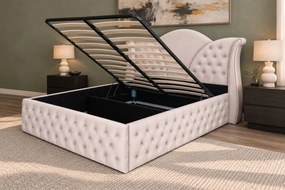 Pat tapițat Chesterfield din catifea Velora Deluxe Classic 140×200 cm, crem, cu ladă de depozitare