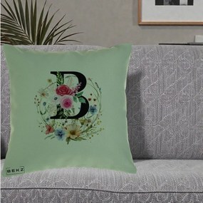 Cadou Personalizat - Perna Personalizata Monogram Litera B cu Flori Acuarela, 40x40 cm, Verde, Husa Detasabila, Perna Inclusa, BEKZ®