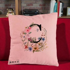 Cadou Personalizat - Perna Personalizata Monogram Litera C cu Flori Acuarela, 40x40 cm, Roz, Husa Detasabila, Perna Inclusa, BEKZ®