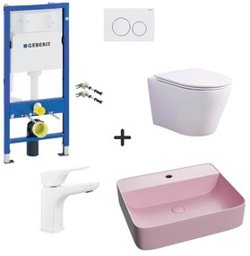 Set vas wc rimless cu capac soft close, lavoar baie roz mat, baterie si rezervor wc cu clapeta alba