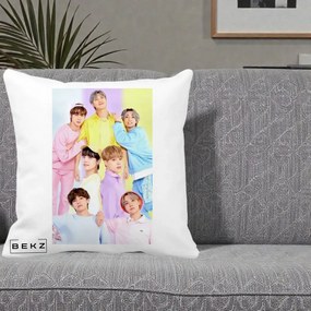 Perna Personalizata K-pop BTS Foto Grup Pastel Colorat cu 7 Membrii, 40x40 cm, Alba Mata, Husa Detasabila, Perna Inclusa, BEKZ®
