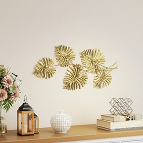 HOMCOM Artă Murală cu 5 Frunze de Monstera și Accesorii pentru Montaj Incluse, Decorațiuni Murale din Metal, 83x2.5x39 cm, culoare Aurie | Aosom Romania