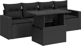 vidaXL Set mobilier de grădină cu perne, 5 piese, negru, poliratan