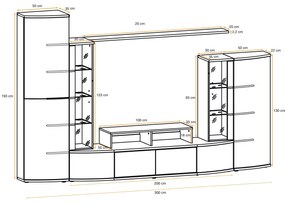 Mobila Living-sufragerie  camera de zi , carcasa alb usi pvc negru lucios  , 300 cm lungime, usi deschidere push open, vitrina iluminata led - Bortis