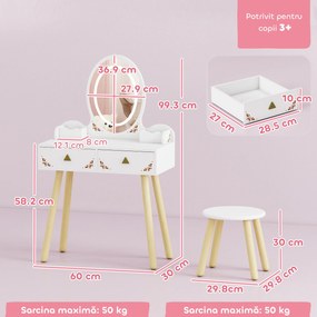 AIYAPLAY Set Măsuță și Scaun pentru Copii cu Oglindă cu Lumini LED în 3 Culori, Sertar, Cutii de Depozitare, pentru 3+ Ani, Alb | Aosom Romania