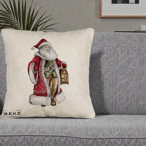 Perna Decorativa Mos Craciun Vintage cu Felinar, 40x40 cm, Bej Canapea, Husa Detasabila, Perna Inclusa, BEKZ®