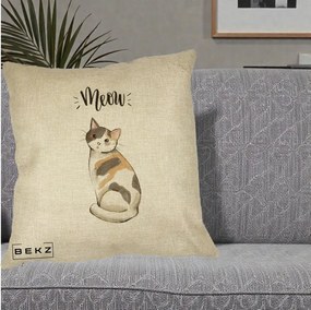 Perna Personalizata Pisica Meow Acuarela, 40x40 cm, Crem, Husa Detasabila, Perna Inclusa, BEKZ®