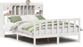 vidaXL Pat cu bibliotecă fără saltea, alb, 150x200 cm, lemn masiv pin