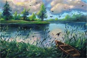 Tablou- Pictură în ulei, seară de vară lângă lac (90x60 cm)