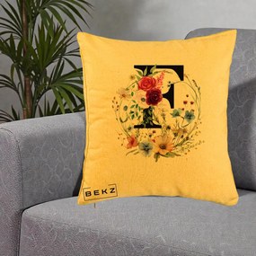 Cadou Personalizat - Perna Personalizata Monogram Litera F cu Flori Acuarela, 40x40 cm, Galben, Husa Detasabila, Perna Inclusa, BEKZ®