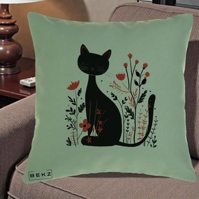 Perna Decorativa Pisica Neagra Flori Rosii Folk Minimal, 40x40 cm, Verde, Husa Detasabila, Perna Inclusa, BEKZ®